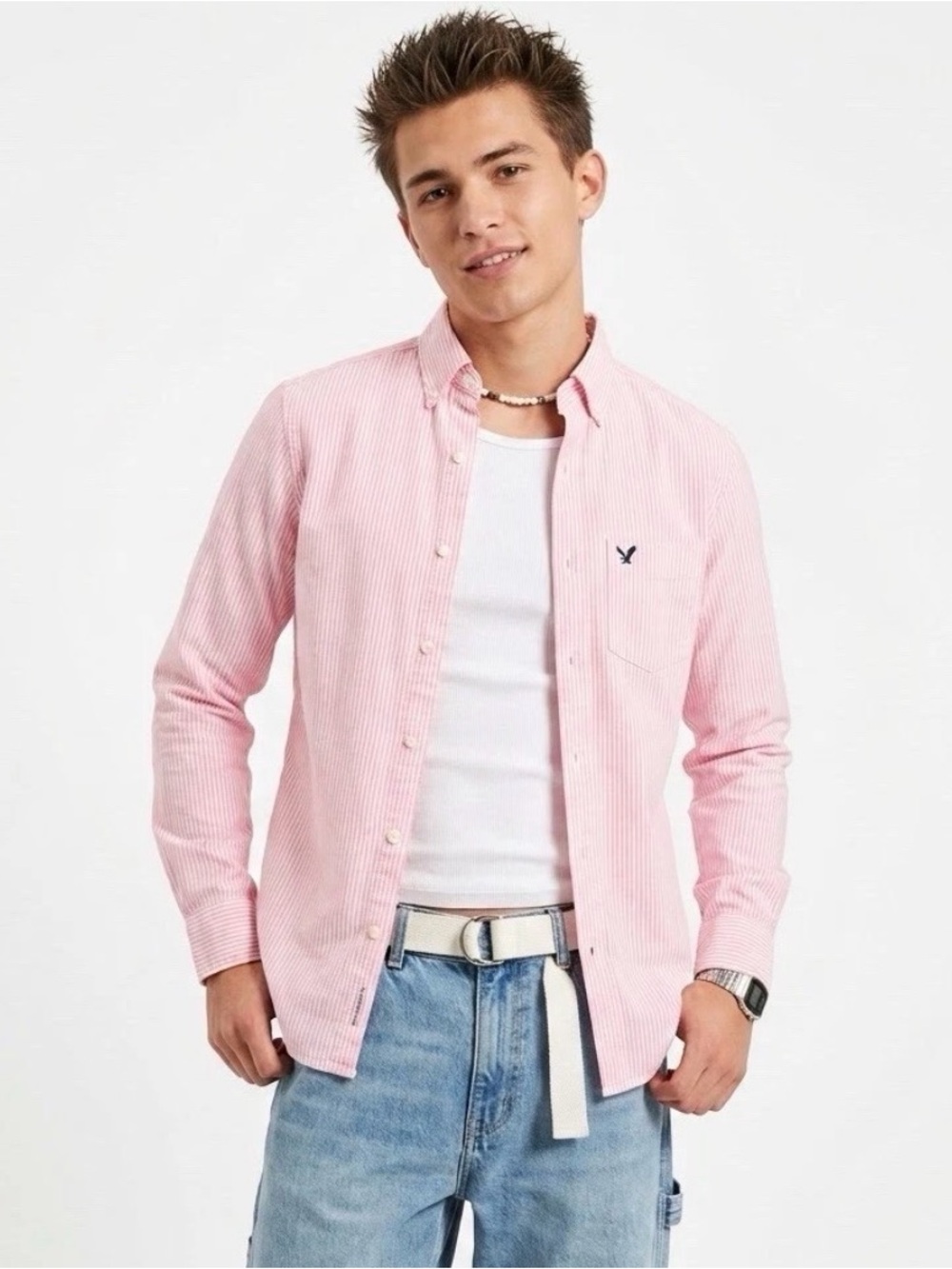 Y2K American Eagle Pink Stripped Preppy Dress Shirt Men’s